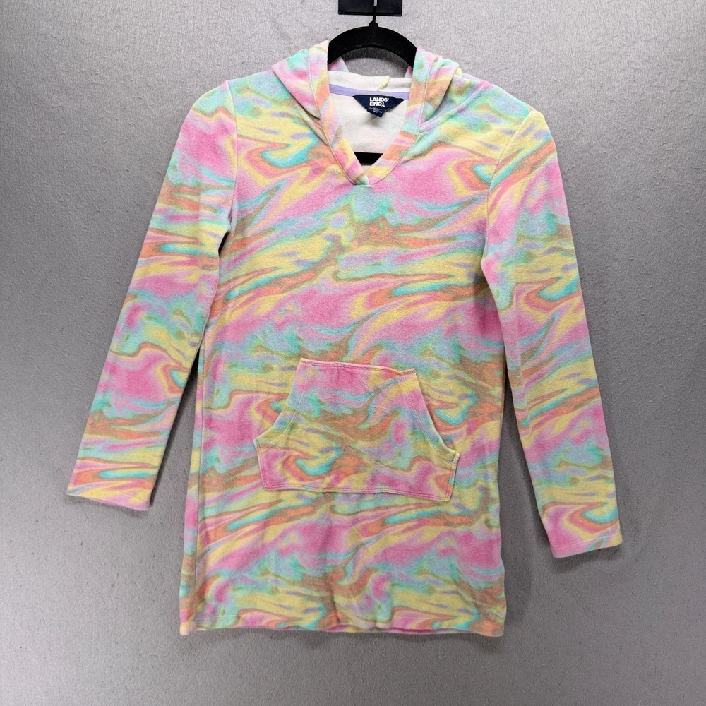Lands' End Girls L 10/12 Robe Beach Cover Up Hooded Pink Yellow Terry Cloth Swim